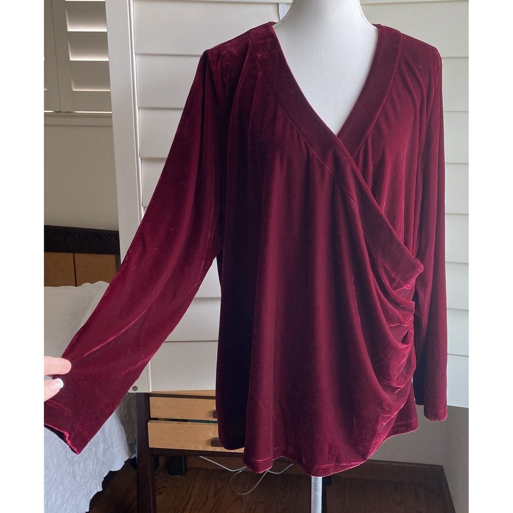 Soft Surroundings Top Women Plus 3X Alyssa Velvet Knit Faux Wrap Holiday Red EUC